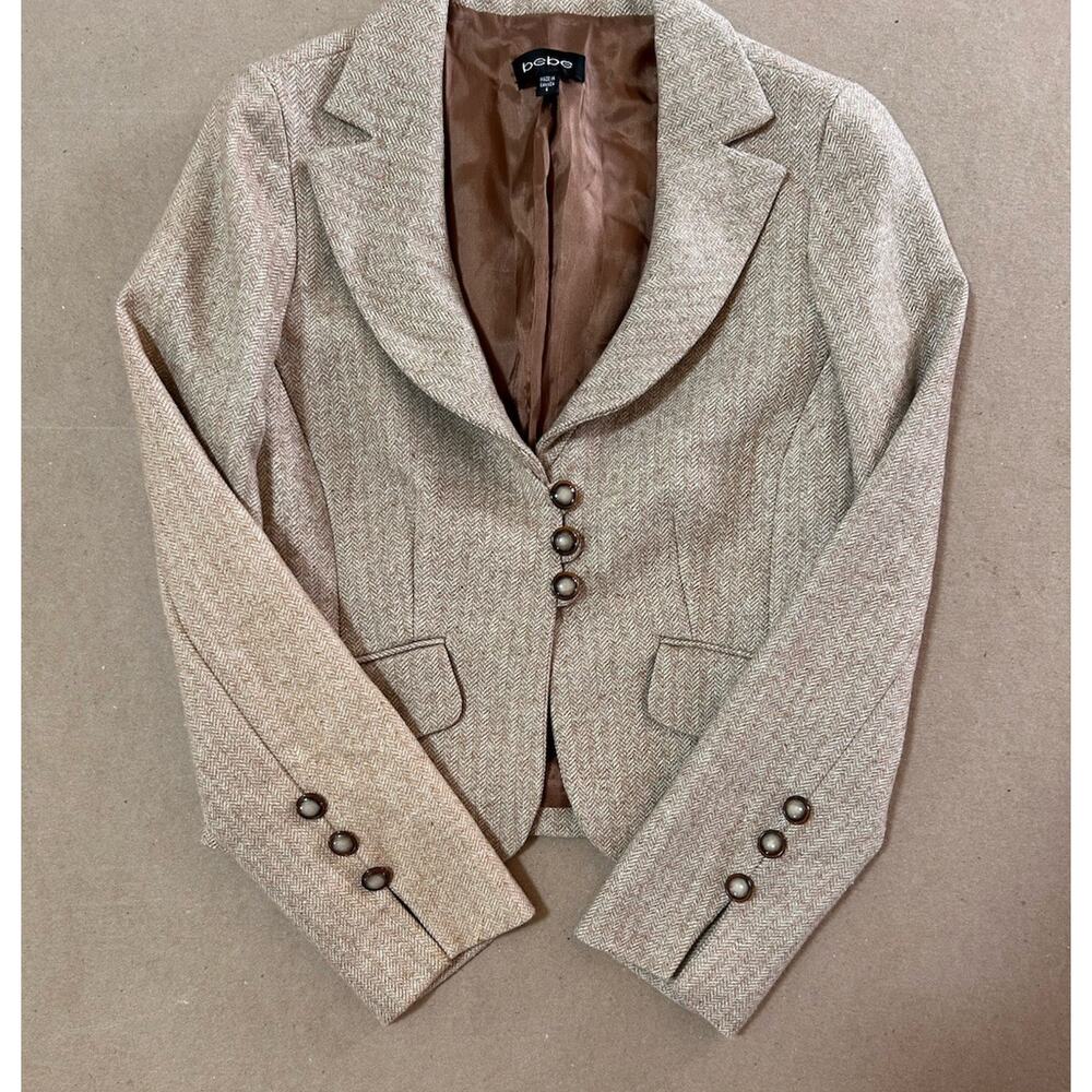 Vintage Bebe Tan Wool Blend Blazer Jacket Herringbone Women’s 6 Y2K Preppy - Picture 4 of 7